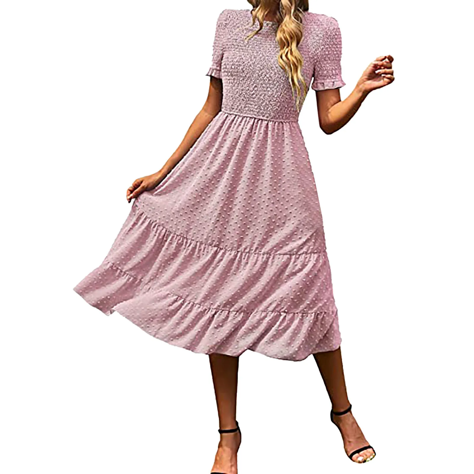 2023 New Summer Women Casual Boho Short Sleeve Jacquard Smocked Midi Dress Crew Neck Casual Tiered Dresses Vestidos Mujer