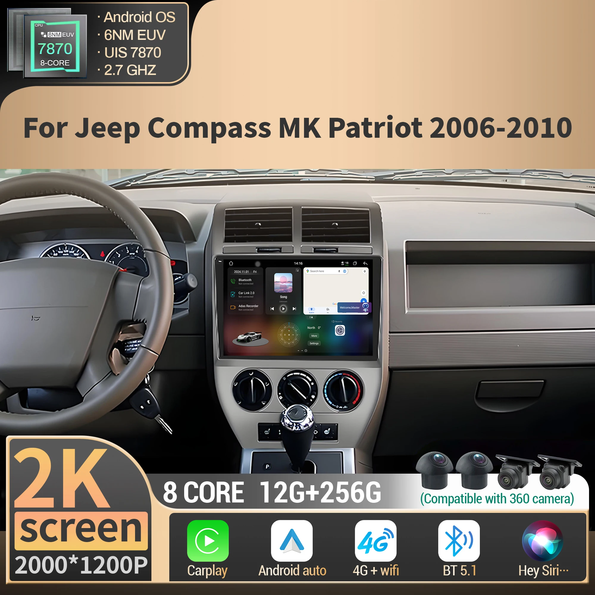 

For Jeep Compass MK Patriot 2006 2007 2008-2010 Android Auto Car Radio Multimedia GPS Stereo DSP BT Carplay 7870 2K QLED Screen