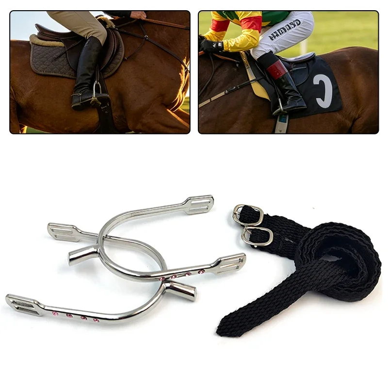 1 Pair English Equestrian Riding Spurs with Straps for Women Zinc Alloy Chrome Plated Bumper Spurs with Rhinestone