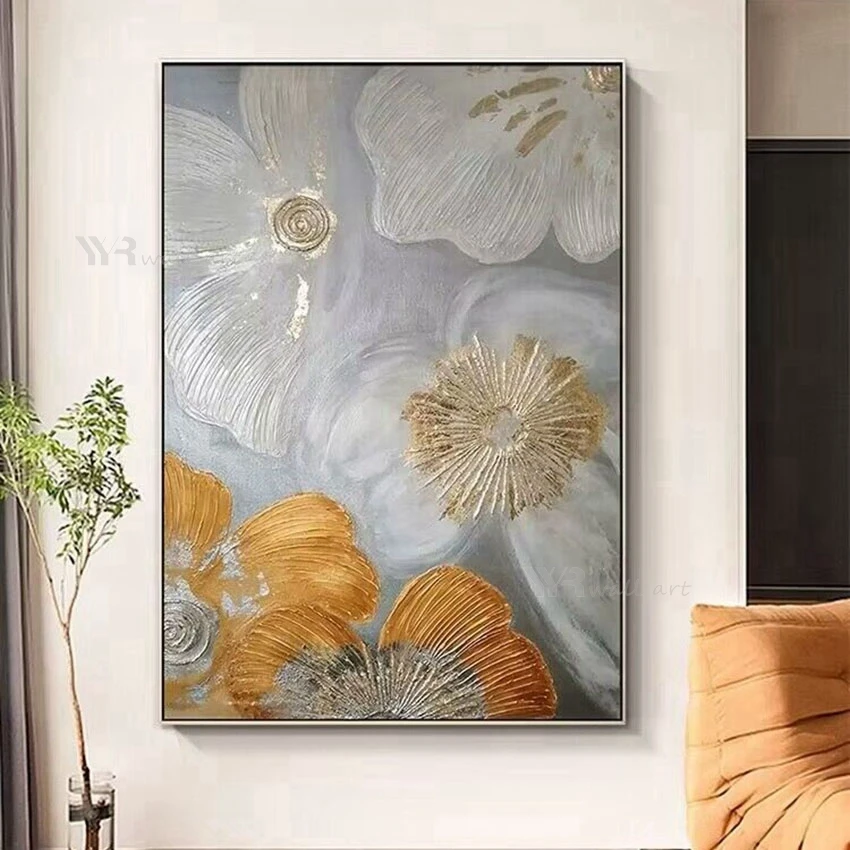 

Nordic Modern Abstract Transparent Petals Yellow Flower Pure Handmade Oil Painting For Home Decoration Bedroom Dining Room Mural