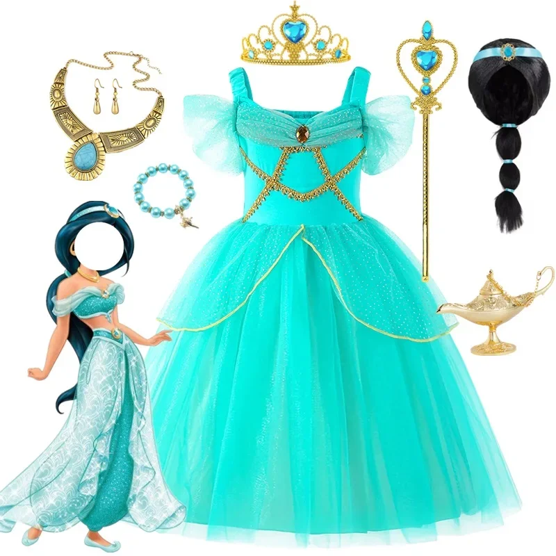 Princess Jasmine Dress Role Play Costume for Baby Girl Children Halloween Party Costume Kid Luxury Outfit Aladdin Ball Gown 3-8Y