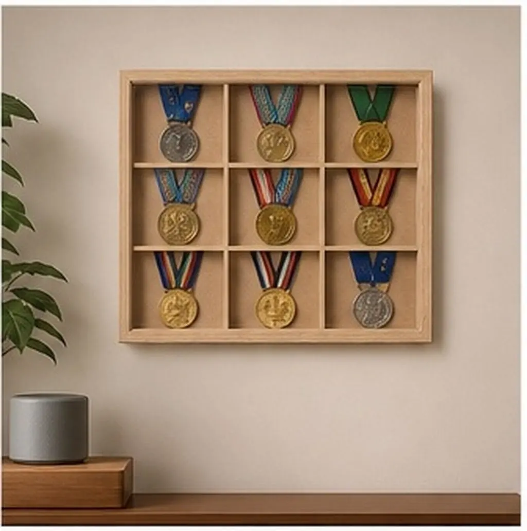 Wooden Medal Storage Box with 9 Slots – Award Display Frame, Sports Trophy Holder, Graduation Keepsake Shadow Box