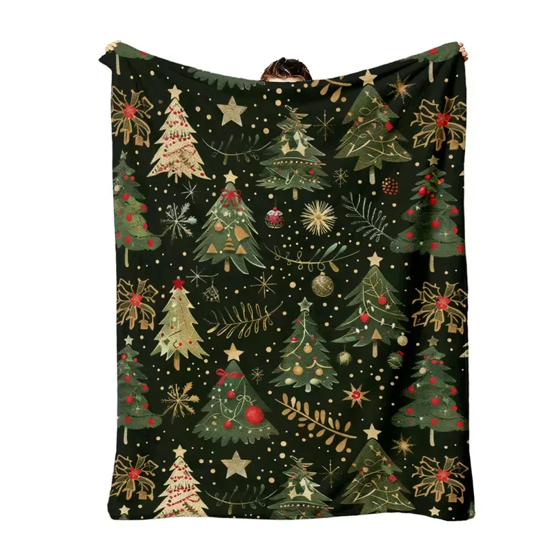 1pc Christmas Tree, Golden Star Flannel Blanket Cozy Soft Flannel Blanket for Sofa Bed Car Office Soft Warm All-Season Blanket