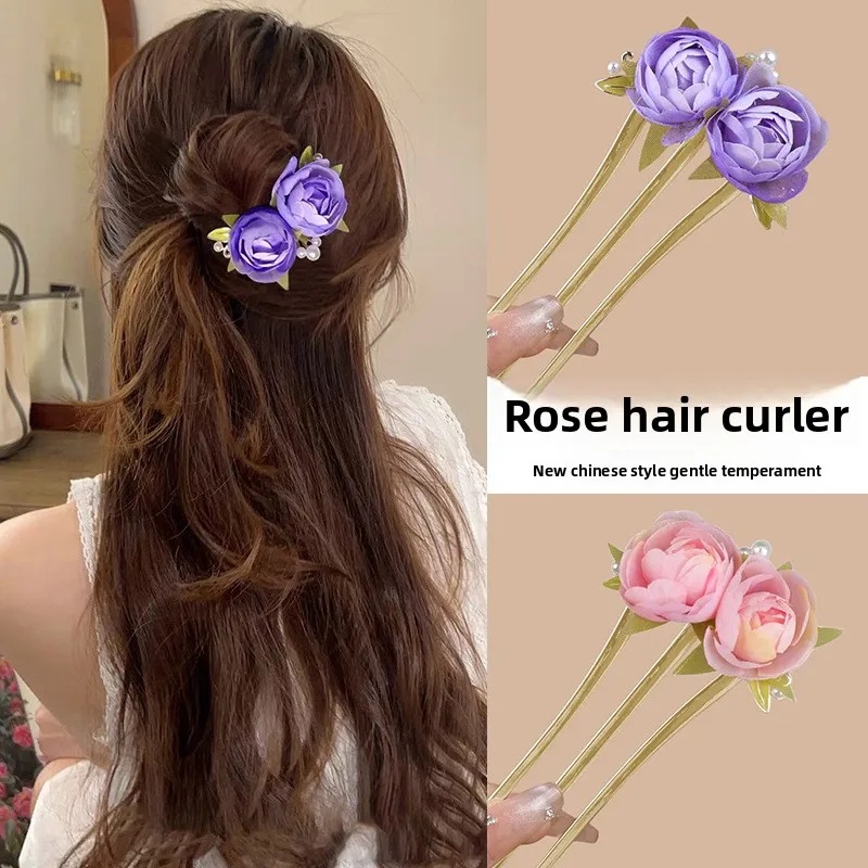 

New Chinese-style Purple Rose Three-tooth U-shaped Hairpin National Style Semi-tied Ball Head Hairpin Women's Hair Accessories
