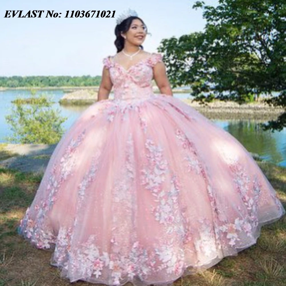 Блестящее розовое платье EVLAST Quinnceanera, бальное платье, 3D Цветочная аппликация, бисером, Мексиканский корсет, милые платья 16, 15 лет SQ498