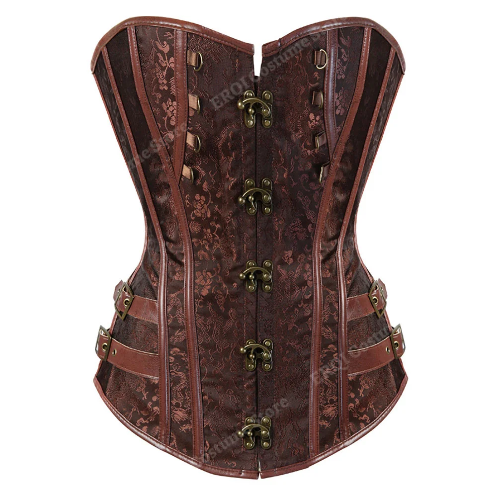 Steampunk-Korsett für Damen, Übergröße, Piraten-Korsett, Oberteil, Überbrust, Halloween, Schnürkostüm, Gothic, Steampunk-Korsett, Metallic, Rot, Braun – Detail 9