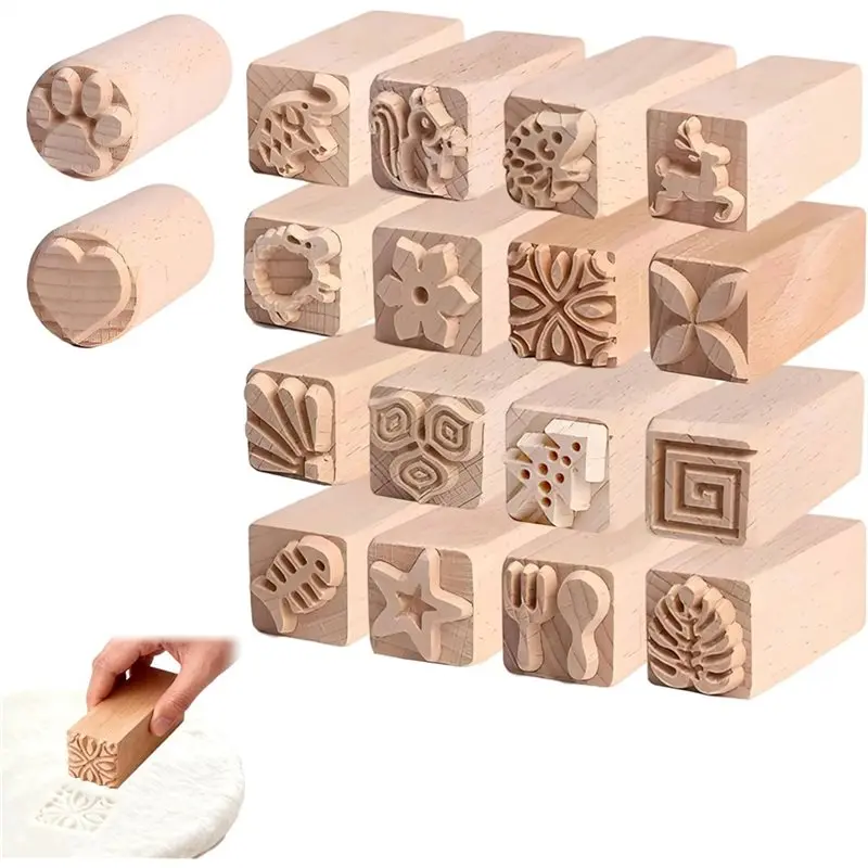 

ABJN-Wooden Clay Pottery Stamps Set- 18 Pcs Clay Modeling Pattern Stamp Kit Wood Block Stamp, Pottery Tools Included