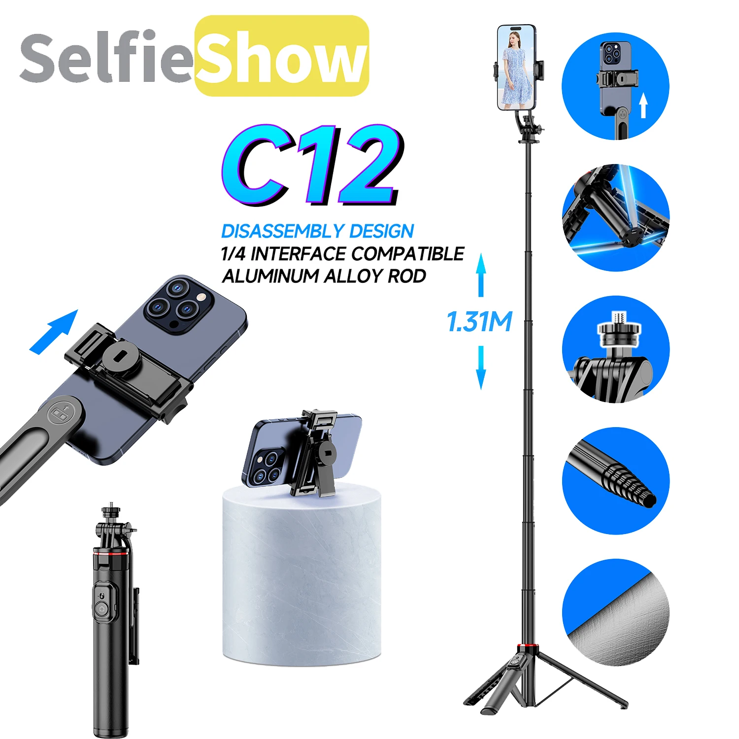 

Selfieshow C12 Detachable Mount Extra Long Foot Shank Wireless Bluetooth Selfie Stick Tripod Mobile Phone Stabilizer HolderTripe