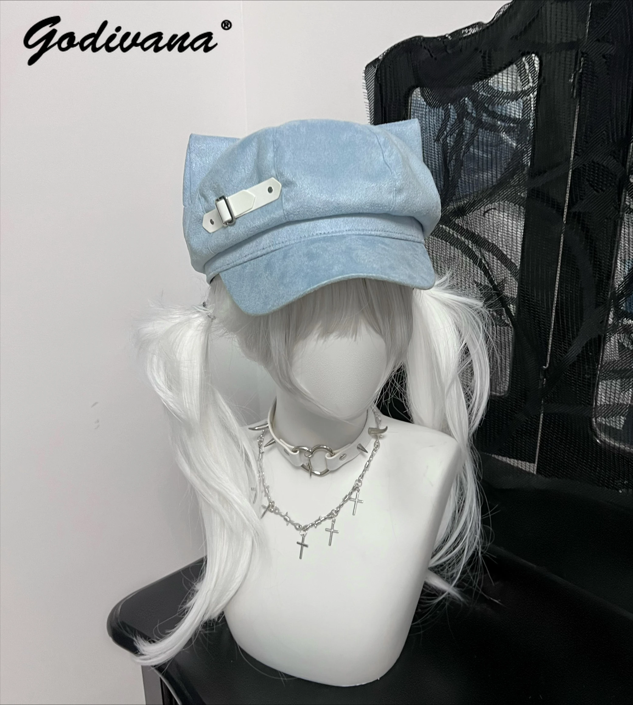 Original Japanese Style Y2K Cat Ears Peaked Cap Beret Girl Female Accessories Detachable Subculture Hat Cool Caps