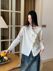 CHEERART Designer Beige Long Sleeve Shirt Oblique Applique Button Up Shirts & Blouses Fashion Top Fall Clothes 2024 Women