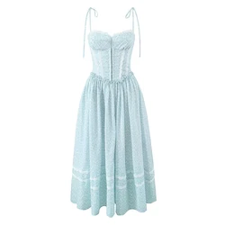 YENKYE Sexy Elegant Women Lace Spliced Blue Floral Print Midi Long Sling Dresses Low Waist Fit And Flare Party Dress Summer