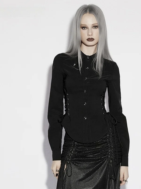 

PUNKRAVE Gothic Style Women's Slim Fit Shirt Long Sleeve Stand Collar Waist Cinch Tie Dark Style Top Trendy Nylon Fabric