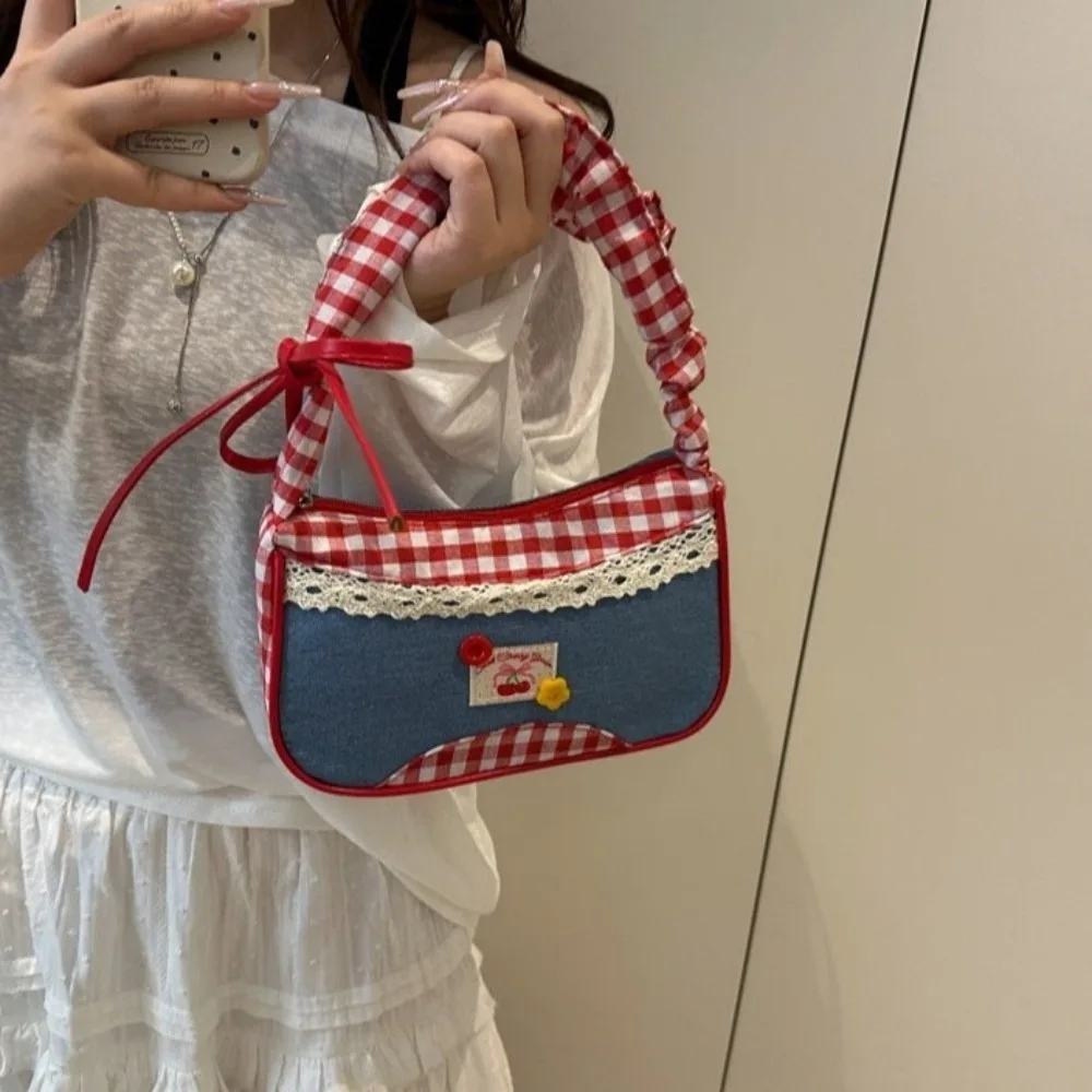 

Vintage Rural Style Lattice Shoulder Bag Leisure Bow Denim Underarm Bag Commuting Plaid Crossbody Bag Travel