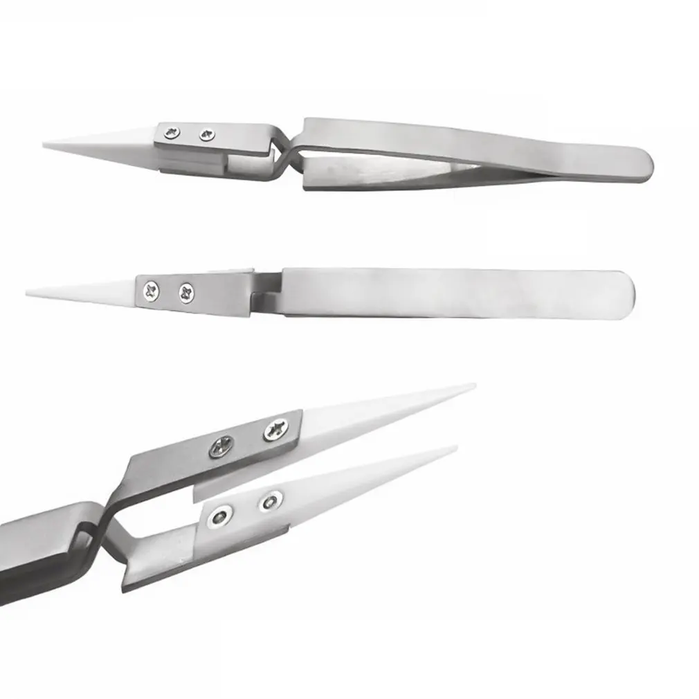 Керамический пинцет прямой направленный для пайки электроники с ручкой из нержавеющей стали серебра, прецизионный ручной инструмент