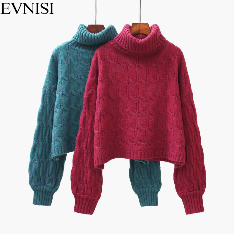 EVNISI Winter Women Loose Wool High Collar Sweater Lantern Sleeve Stripe Warm Sweaters For Women Knitted Pullover Jumpers