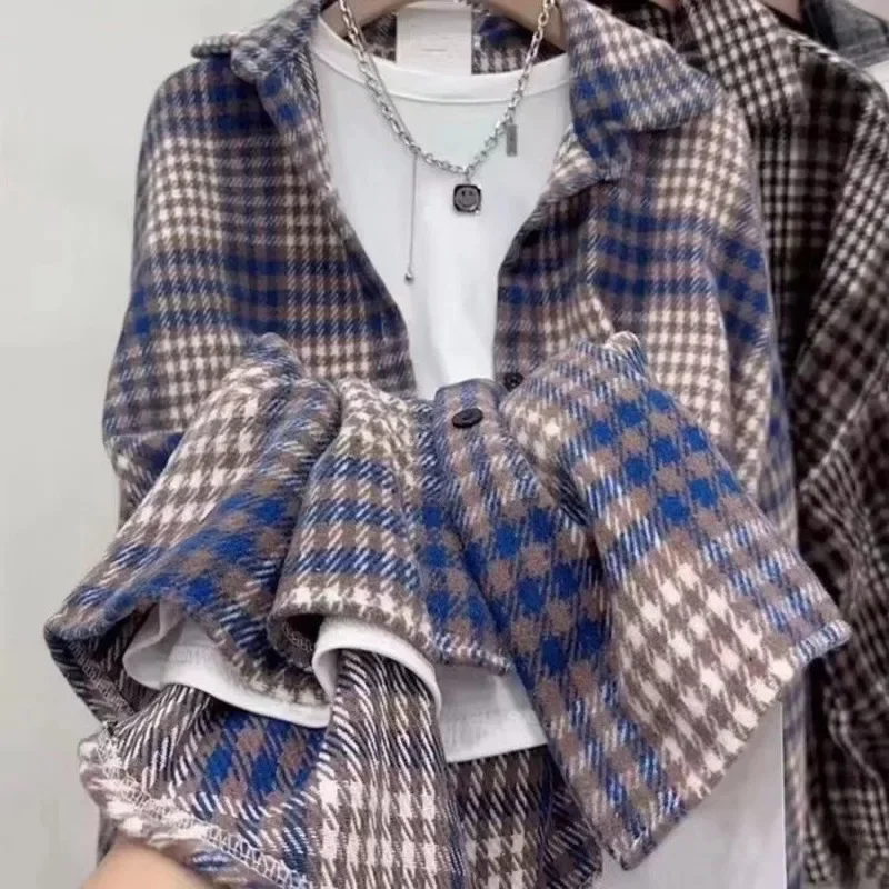 Women's Plaid Flannel Shirt Loose Long Sleeve Autumn Winter Fashion Outerwear HongKong Style Versatile Casual Button Up Top