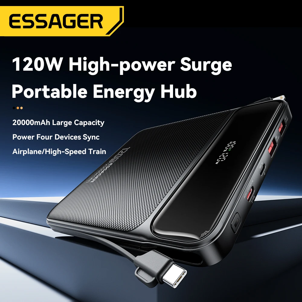 Essager 120W Power Bank 20000mAh with Two Built-in Cables PD Fast Charging For iPhone 16 15 14 Pro Max Macbook Laptop Xiaomi 14