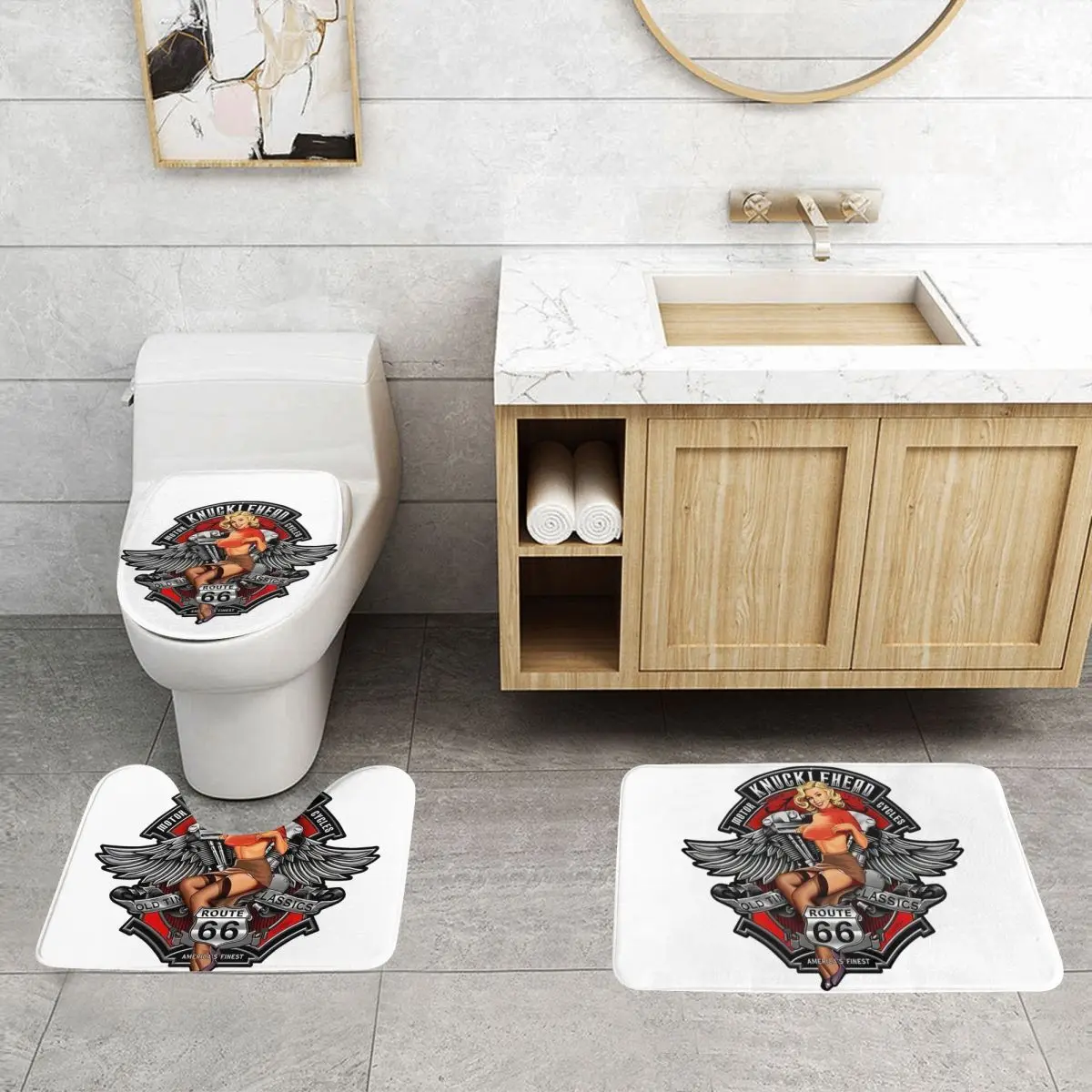 Custom Sexy Girl Motorcycles Route 66 3 Pcs Bathroom Rugs Set Non Slip Motorcycle Vintage Usa Legend Toilet Bath Mat Sets