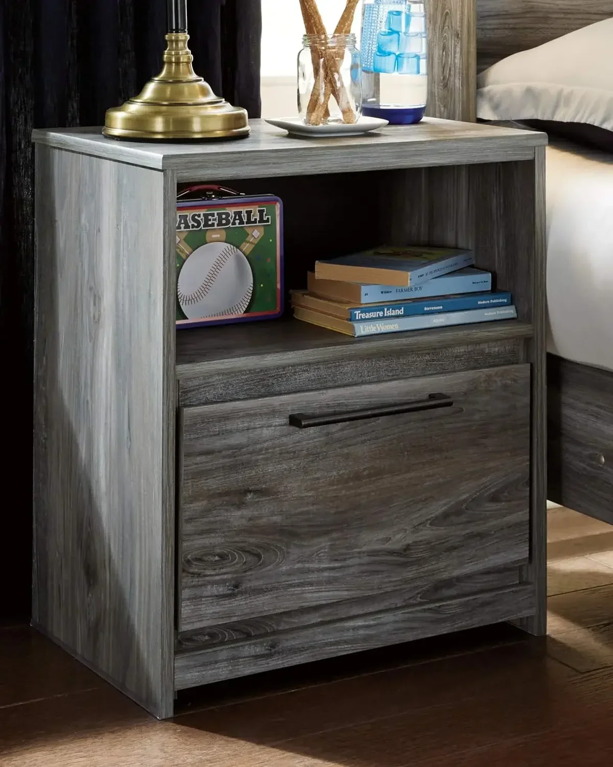 Signature Design by Ashley Baystorm Rustic Coastal 1 Drawer Nightstand with 1 Open Cubby & 2 Slim-Profile USB