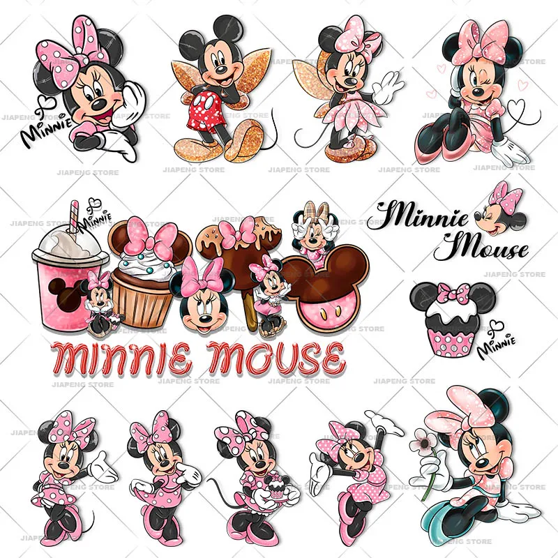 Minnie Mouse Print Heat Transfer Vinyl Stickers For Girl Clothes Disney Pink Girly Style Cute Luxury Iron on Patches On Bags