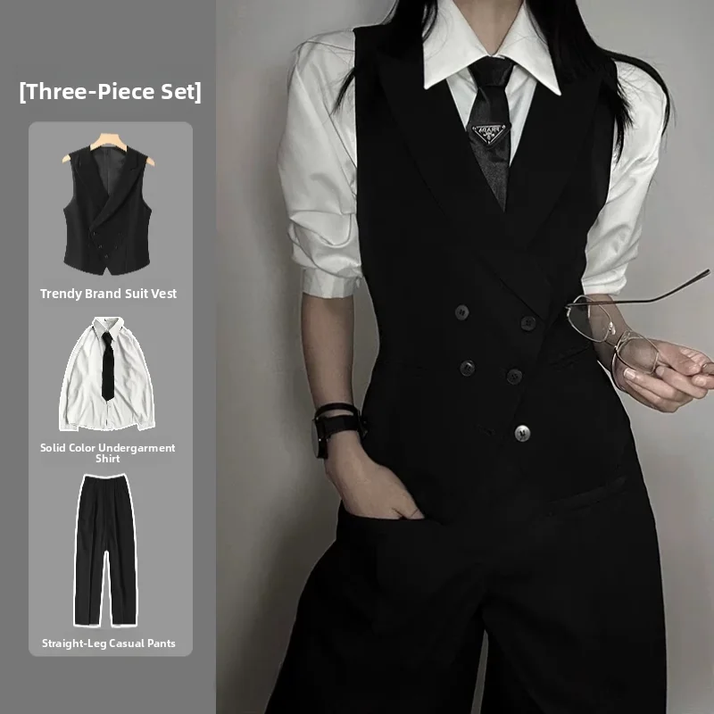 

Slim Fit Black Suit Vest Unisex High End Feelings Gunlock Spring Autumn Style Two Button Double Row Button Pure Color Vest