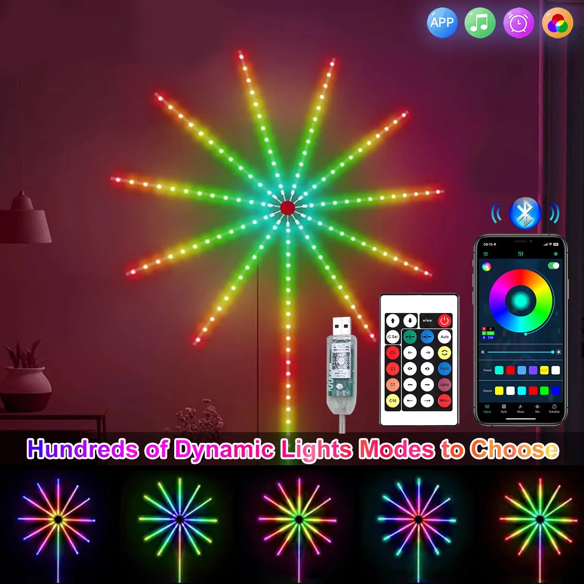 RGBIC Firework Strip Lights LED Bluetooth APP Control Neon Strip USB 5V Changing Smart Lamp Sync Music Bedroom Decor Dream Light