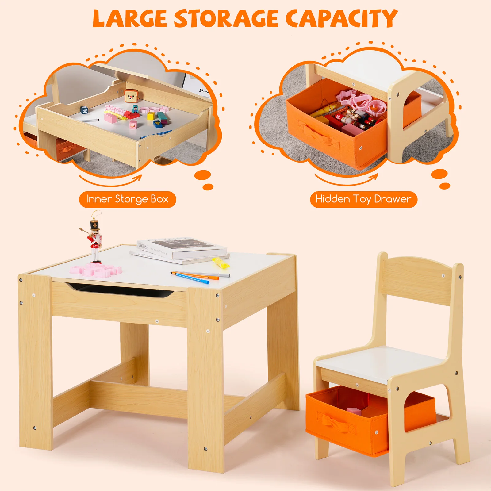 Kids Table and Chair Set with Storage, Adjustable Height Children's Activity Table for Drawing, Eating & Play - Foldable Toddler