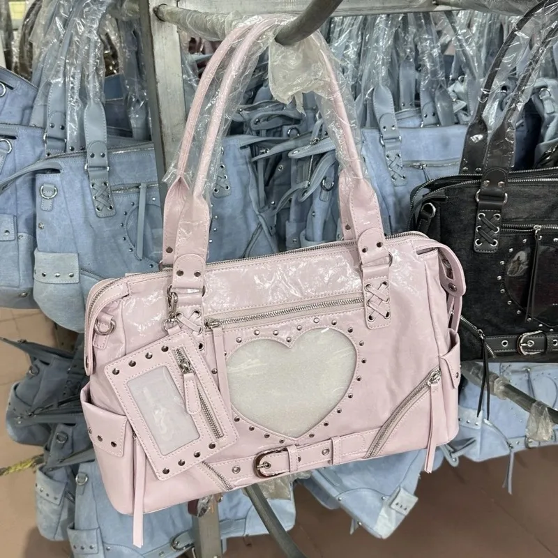 Motorcycle Bag Handheld Rivet Head Layered Oil Wax Cowhide Crossbody Women's Bag Cool And Spicy Girl Retro Style Tote Bag - view 4