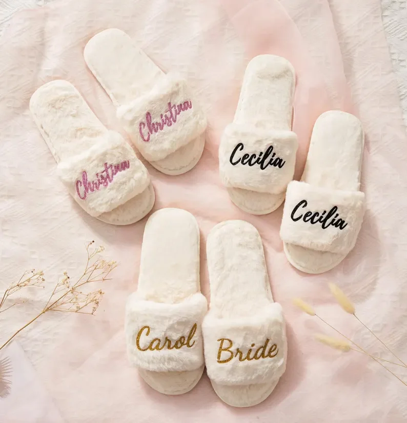 Personalized Gift Fluffy Slippers, Fluffy Bride Custom Bridesmaid Slippers, Bachelorette Party, Bridesmaid Gifts Proposal