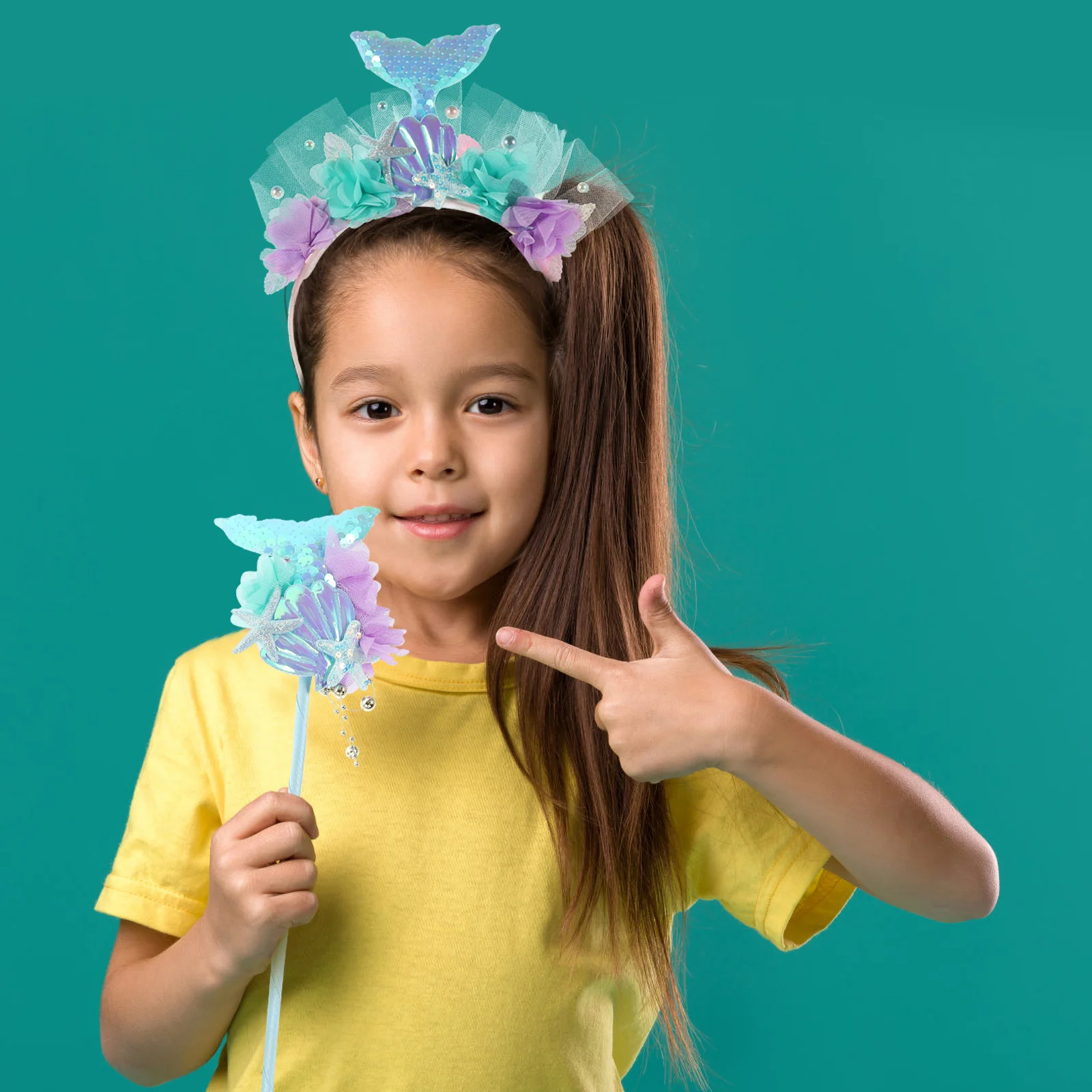 

1 Set Of Sparkling Mermaid Headband Sequined Mermaid Tail Hair Hoop With Decorative Fairy Wand For Kids