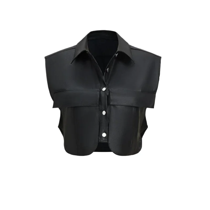 여성용 블랙 PU 가죽 조끼 - 캐주얼 비건 인조 가죽 슬리브리스 레이어드 재킷