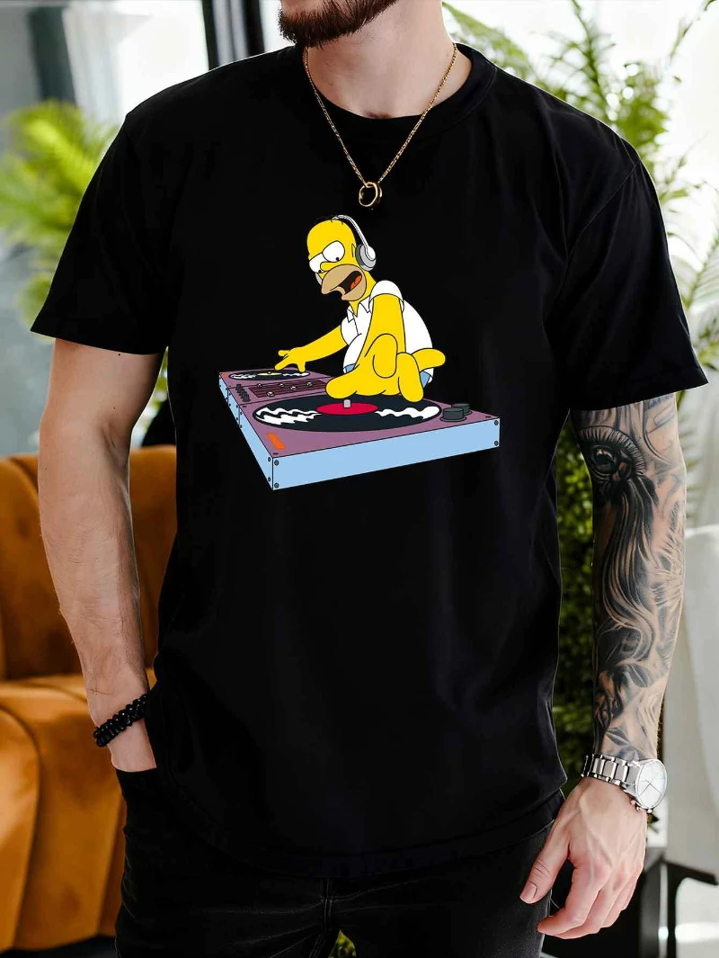 

Summer Men's Casual Short-sleeved T-shirt, "The Simpsons" DJ Homer Print Pattern Simpson Authorized Men's T-shirt