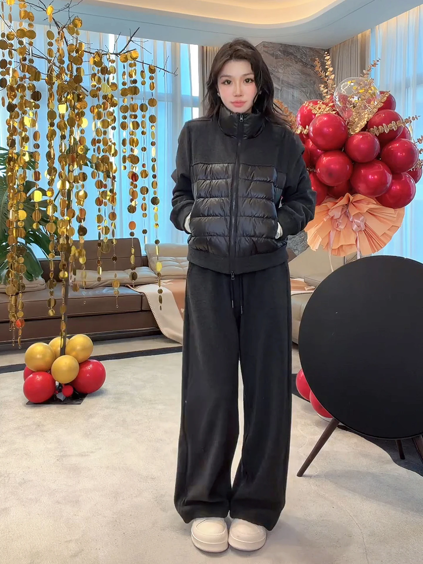 

Fce Lined Bla down Jaet Set Faionable 95 White Goose down Warm Loose Fit Ladies Coat Two Piece Set Winter Collection