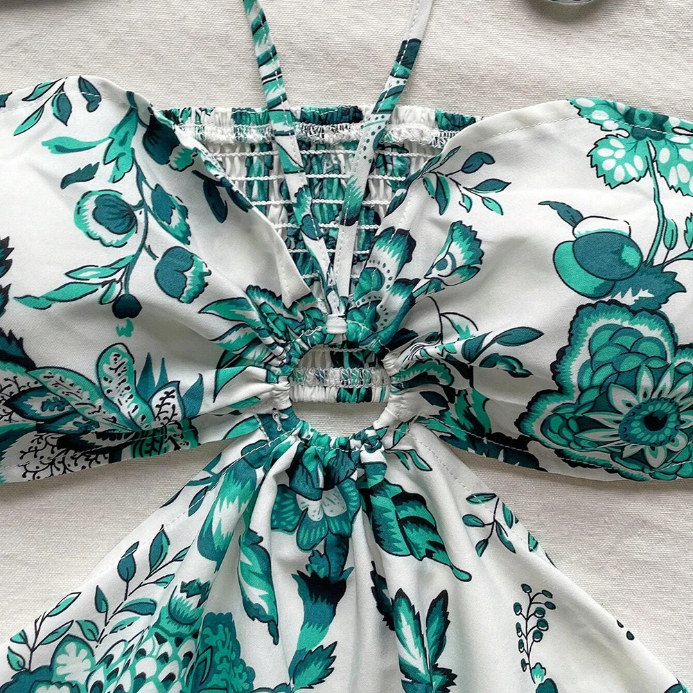 فساتين الربيع الصيف مثير لائق الأزهار أكمام الرسن الرقبة البسيطة عطلة فساتين كامي للنساء #6