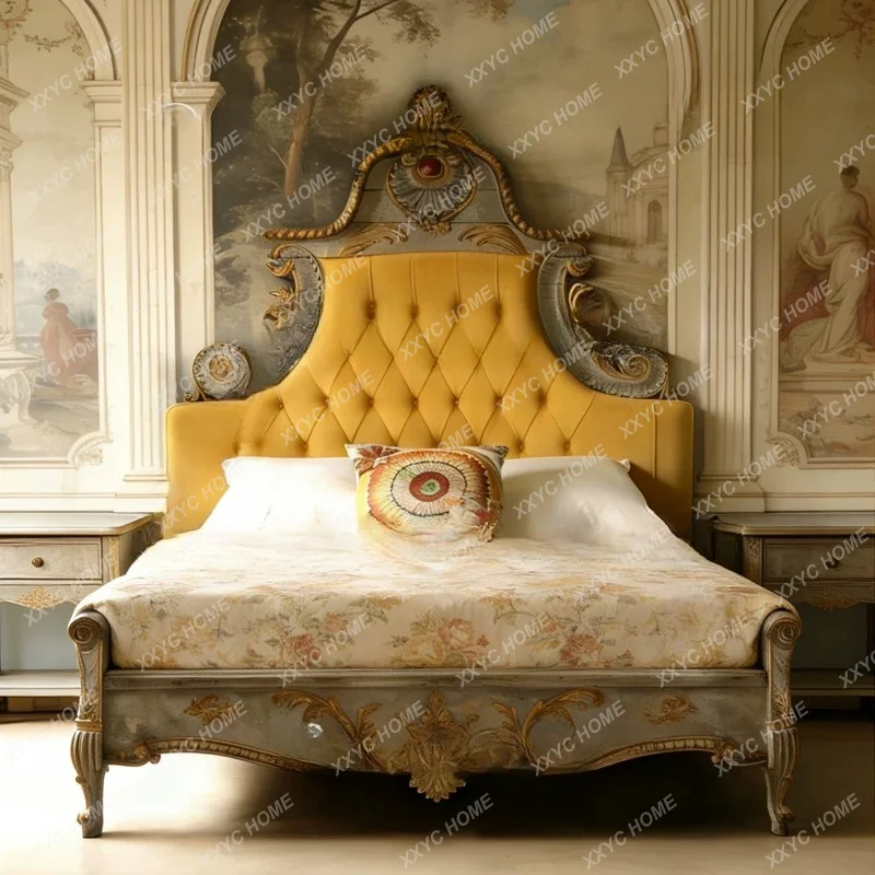 Retro Carved Princess Bed Vintage Solid Wood Upholstered Master Bedroom Wedding Bed Wabi Sabi Fabric Bed