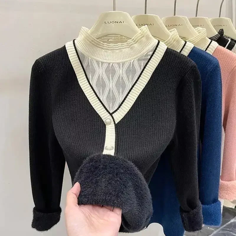 

Сетчатые поддельные женские пуловеры из двух предметов, осенний новый трикотаж, одежда для работы по акции, корейский модный теплый женский вязаный свитер 2025 года