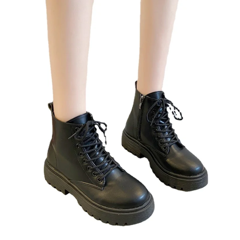 Black Platform Boots Women Boots Winter Leather Boots Lace Up Ankle Boots Motorcycle Thick Heel Platform High Heels Shoes