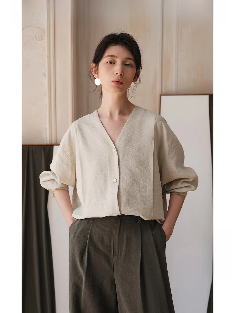 

Женская летняя рубашка Ltyp Travel Original с V-образным вырезом, защитой от солнца, из жатой ткани, с длинным рукавом, из смесового шелка, повседневная, моющаяся