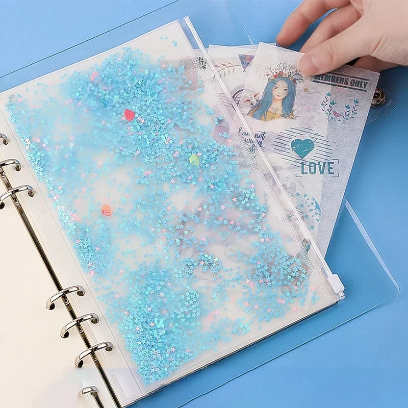 A5 a6 glitter lantejoulas binder bolso interno bonito 6 buracos solto folha saco com zíper kawaii caderno diário planejador de armazenamento interno