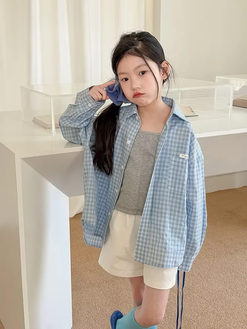 Girls Plaid Sun Protection Blouse Trendy Fresh Style Cotton Shirt Beautiful Spring Summer Outdoor Outfit 5 7 9 11 13 15Y