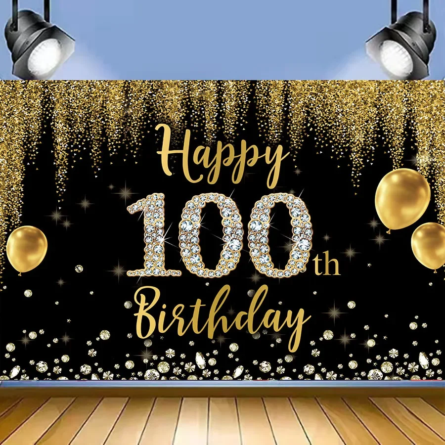 100th Birthday Backdrop Black and Gold 100 Birthday Background Decorations for Men or Women 100 Years Old Party Supplies