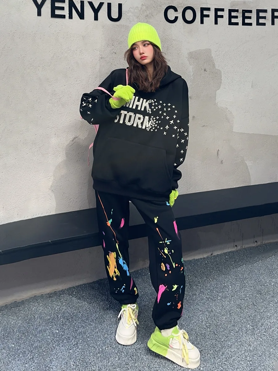 Letter Hooded Oversized Sweatshirt and Pant Sets Women 2024 Winter Thickened Keep Warm Casual Loose Sportsuit Tracksuit Bust140