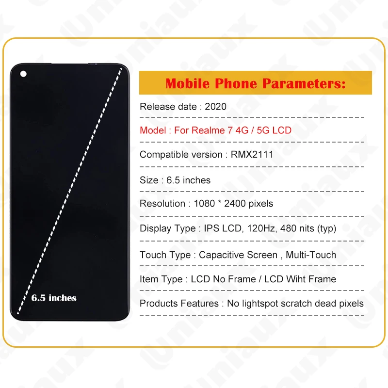 Original Display For Realme 7 4G 5G RMX2155 RMX2151 RMX2111 LCD Dipslay Touch Screen Digitizer For Realme7 LCD With Frame