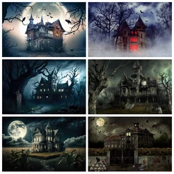 Halloween Horror Castle Backdrop Scary Night Full Moon Pumpkin Bat Old Tree Haunted House Halloween Party Photography Background