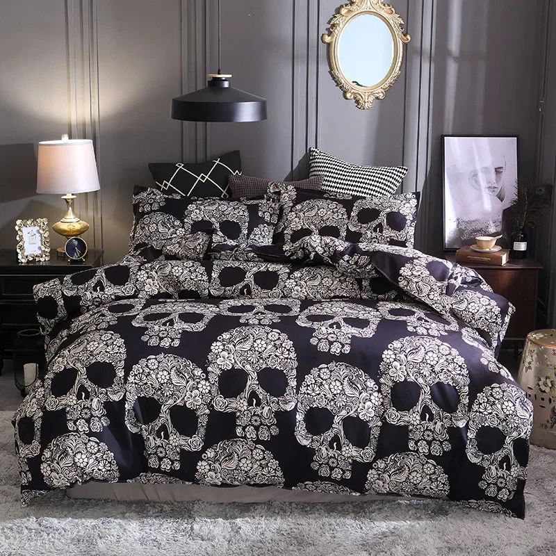 

Halloween Duvet Cover Set Skull Bedding Set Black White Floral Skull Skeleton Luxury Quilt Cover Pillowcase Full Queen King Size