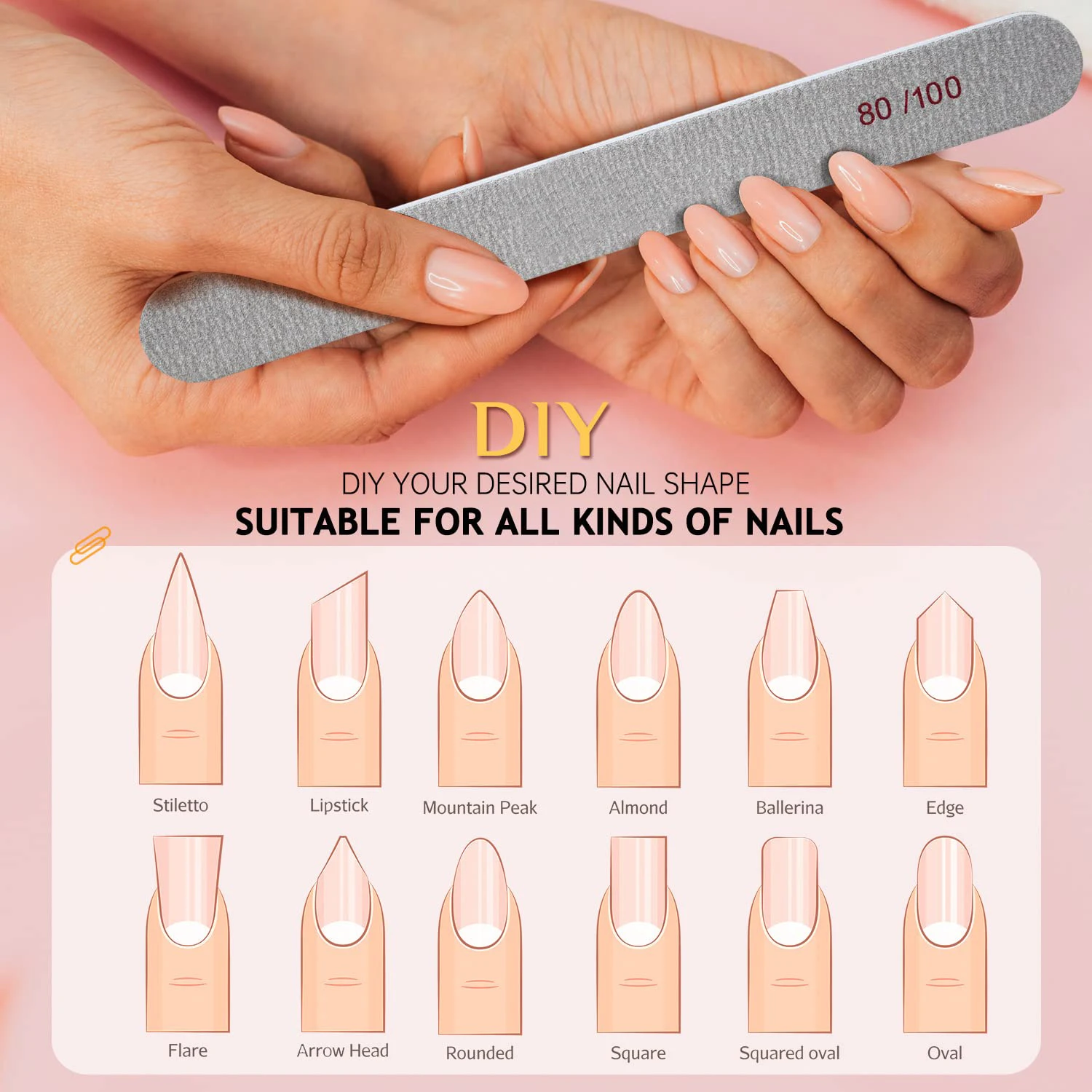 Profesional 80/100 Grit Emery Boards Nail File for Natural Nails and Acrylic Nails, Double Sided Fingernail Filer Reusable Manicure Tool