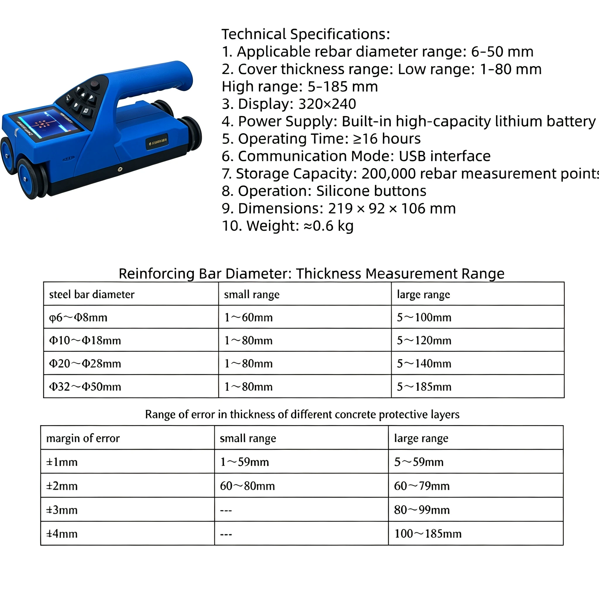 BA-R71F Concrete Rebar Scanner Measuring Rebar Portable Distance Detector Metales Construction Measuring Tool