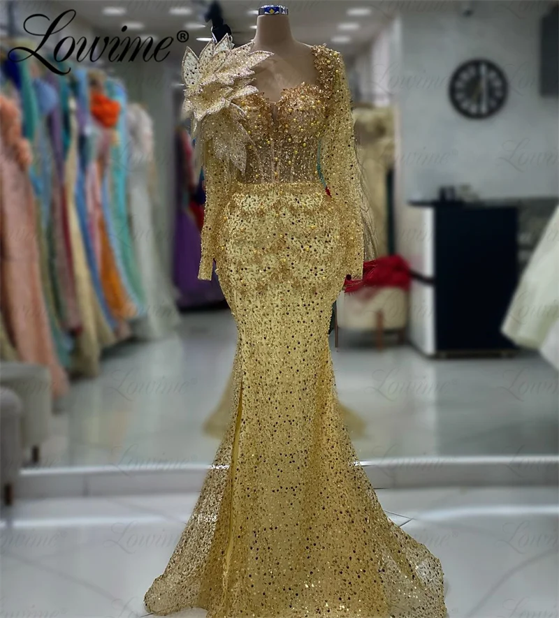 Vestido de noche dorado de lujo de Dubái para mujer, Aso Ebi árabes de manga larga vestidos de fiesta, vestidos de noche de boda, vestido de graduación con cuentas de cristales