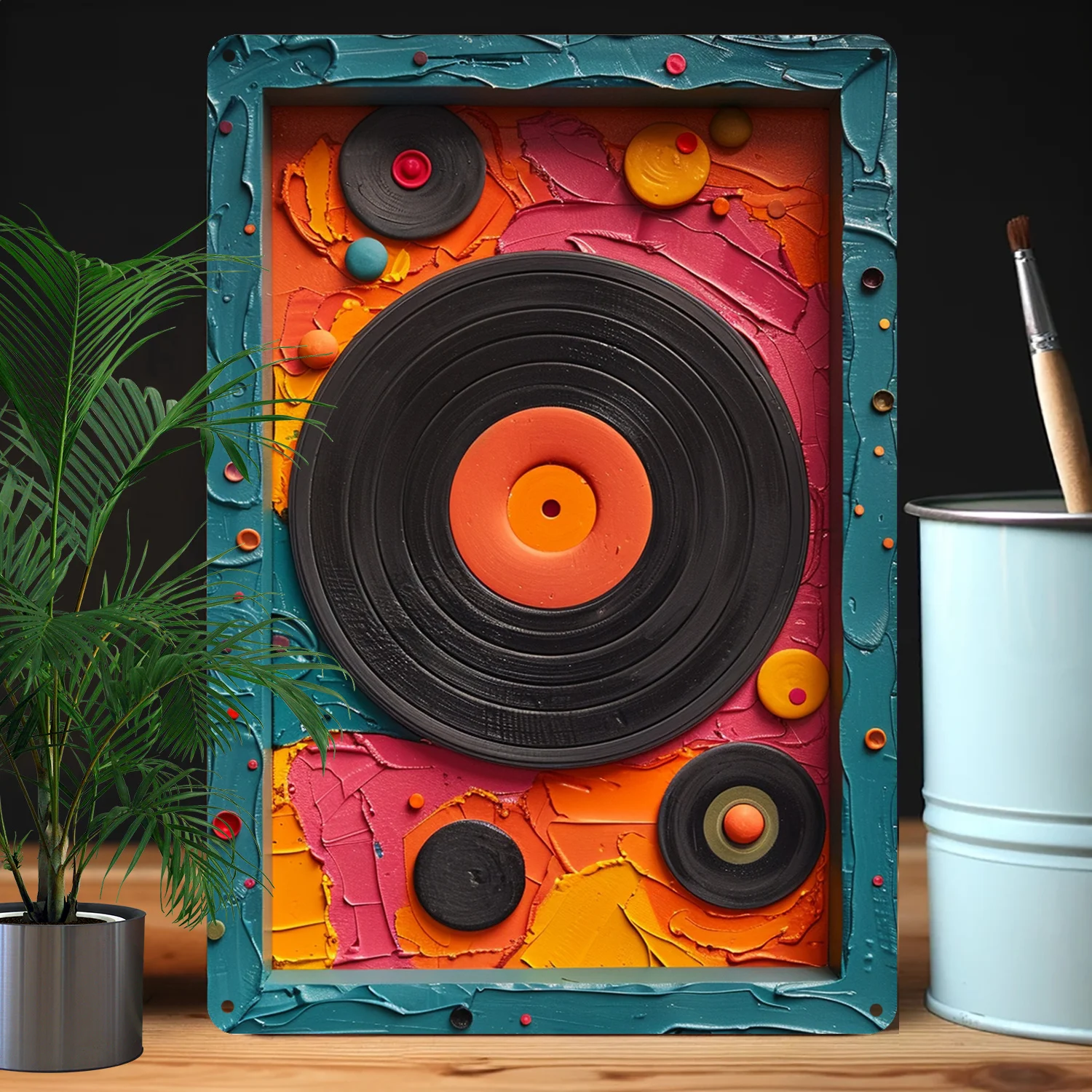 Metal Sign with Vinyl Record Design, 2D Visual Effect -Durable Wall Art for Home, Garden, Studio-Unique Spring Summer Decor Gift