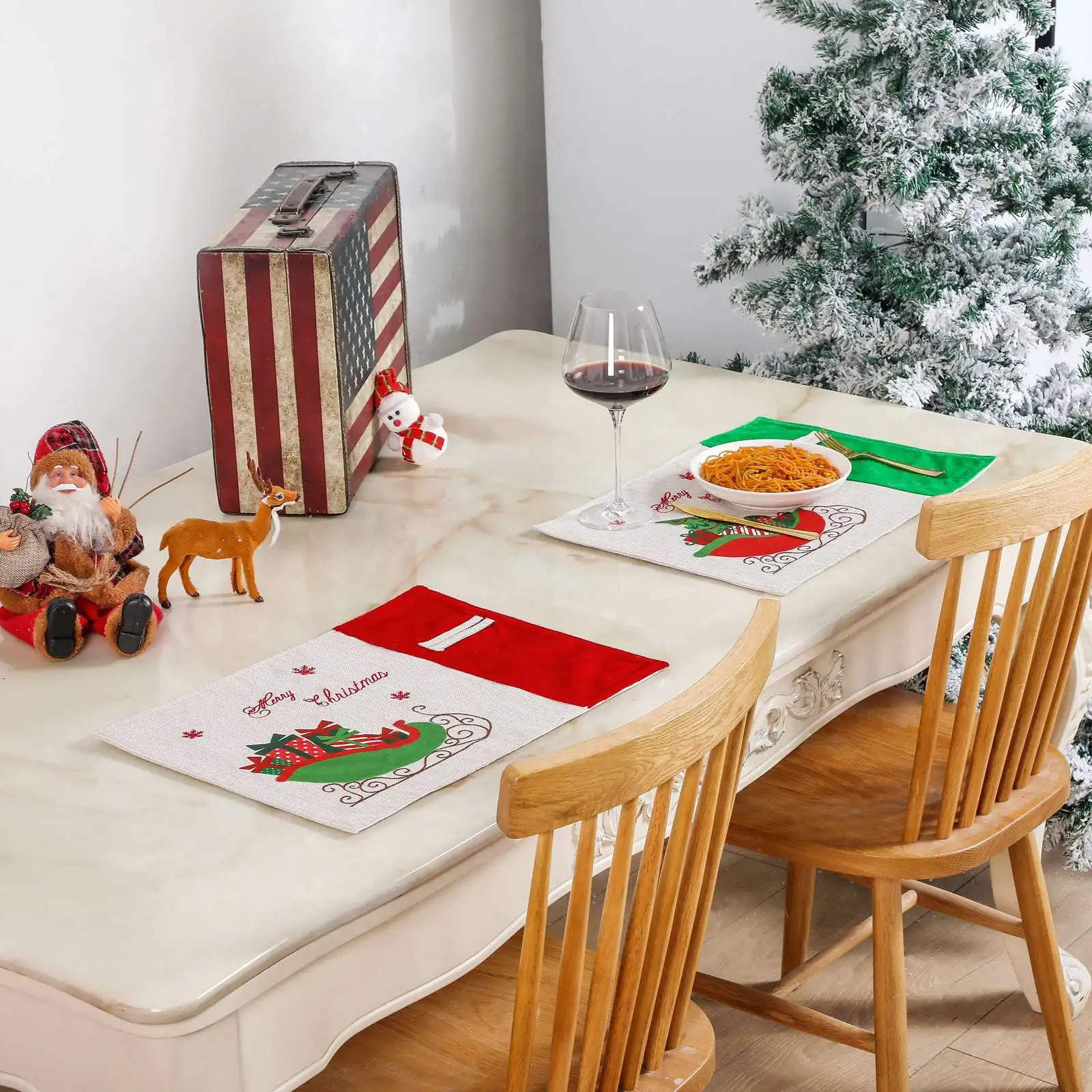 ABHU Merry Christmas Placemats Set Of 2, With Gift Car Printed, Non-Slip Placemats Washable Table Mats, 13 X 18 Inch
